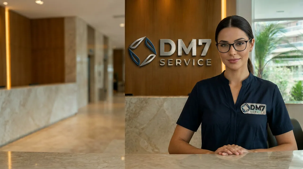 Recepcionista DM7 Service na recepção de um condomínio no Rio