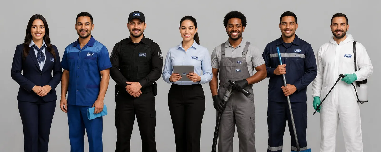 Equipe DM7 Service: recepcionista, auxiliar de limpeza, vigilante, administrativa, lavador automotivo, limpador de frotas e controlador de pragas lado a lado